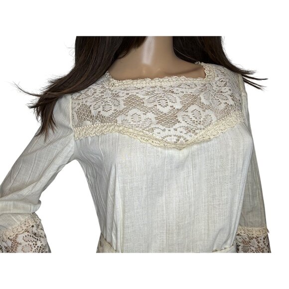Vintage 70s Ivory Boho Praire Cottagecore Tiered Maxi Dress Crochet Bell Sleeves - Picture 3 of 16